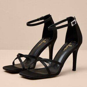 Lulus Graziella Black Satin High Heel Ankle Strap Sandals - Size 7.5